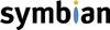 Obraz przedstawia logo systemu operacyjnego 'Symbian' w czarnym kolorze z niebieskim punktem nad literą 'i'.