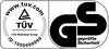 Logo z oznaczeniami TÜV Rheinland i GS. Po lewej: Logo TÜV z trójkątem, tekst 'TÜV Rheinland Group', ID: 1000000000. Po prawej: Logo GS z napisem 'sprawdzone bezpieczeństwo'.