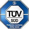 Odznaka z 'TÜV SÜD', przedstawiająca certyfikację kontrolowanej produkcji i sprawdzonego bezpieczeństwa w ośmiokątnej niebieskiej ramce.