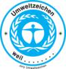 Obraz przedstawia okrągłe turkusowe oznaczenie ekologiczne z wystyalizowaną postacią i liśćmi, otoczone słowami 'Oznaczenie ekologiczne' i 'ponieważ'.