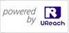 Napis 'powered by UReach' na białym tle. Po lewej stronie tekst 'powered by', po prawej niebieskie logo UReach.