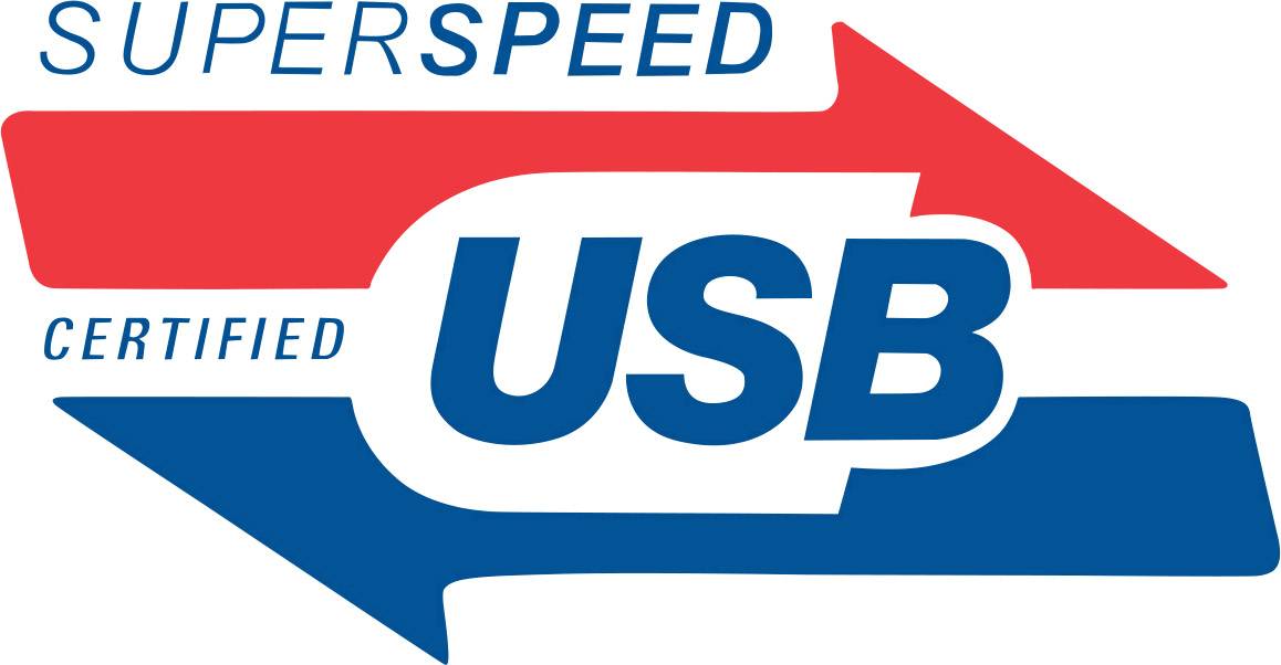 Logo z dwoma strzałkami w kolorach czerwonym i niebieskim; tekst: 'SUPERSPEED CERTIFIED USB'.