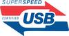 Logo z dwoma strzałkami w kolorach czerwonym i niebieskim; tekst: 'SUPERSPEED CERTIFIED USB'.