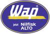 Logo Wap Nilfisk ALTO, niebieskie i żółte z owalnym wzorem.