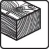 Drewniany blok z widocznymi słojami rocznymi i usłojowaniem, czarna ramka.
