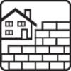 Piktogram domu obok muru z cegieł; Symbolizuje architekturę lub roboty budowlane.