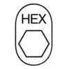 Sześciokątny symbol z napisem 'HEX' powyżej, umieszczony w owalnej ramce.