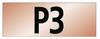 Czerwonobrązowy prostokąt z czarnym tekstem 'P3' na środku.