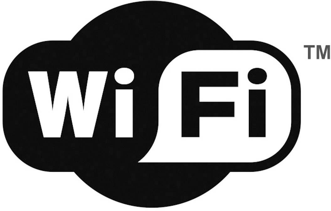 Logo 'Wi-Fi' w kolorach czarnym i białym; słowo 'Wi-Fi' przedstawione jest w stylizowanym designie dymka.