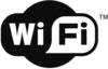 Logo 'Wi-Fi' w kolorach czarnym i białym; słowo 'Wi-Fi' przedstawione jest w stylizowanym designie dymka.
