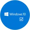 Niebieskie logo w kształcie koła z białym symbolem Windows, tekstem "Windows 10" i znacznikiem.