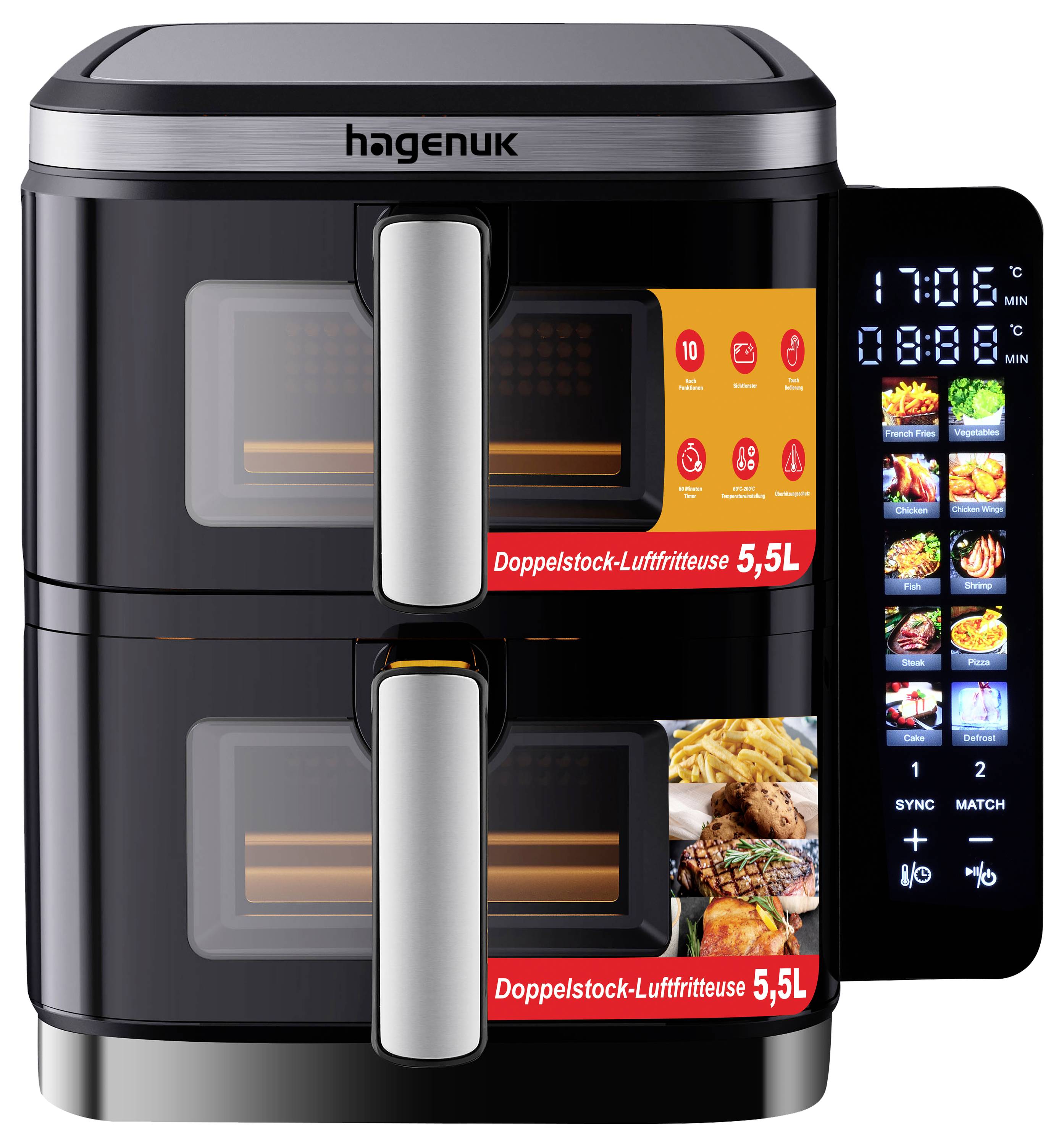 Hagenuk DAF-2800.12  Dubbel fritös 11 l 2 800 W Fönster, Non-stick-beläggning, Överhettningsskydd, Cool-Touch-hölje Svart