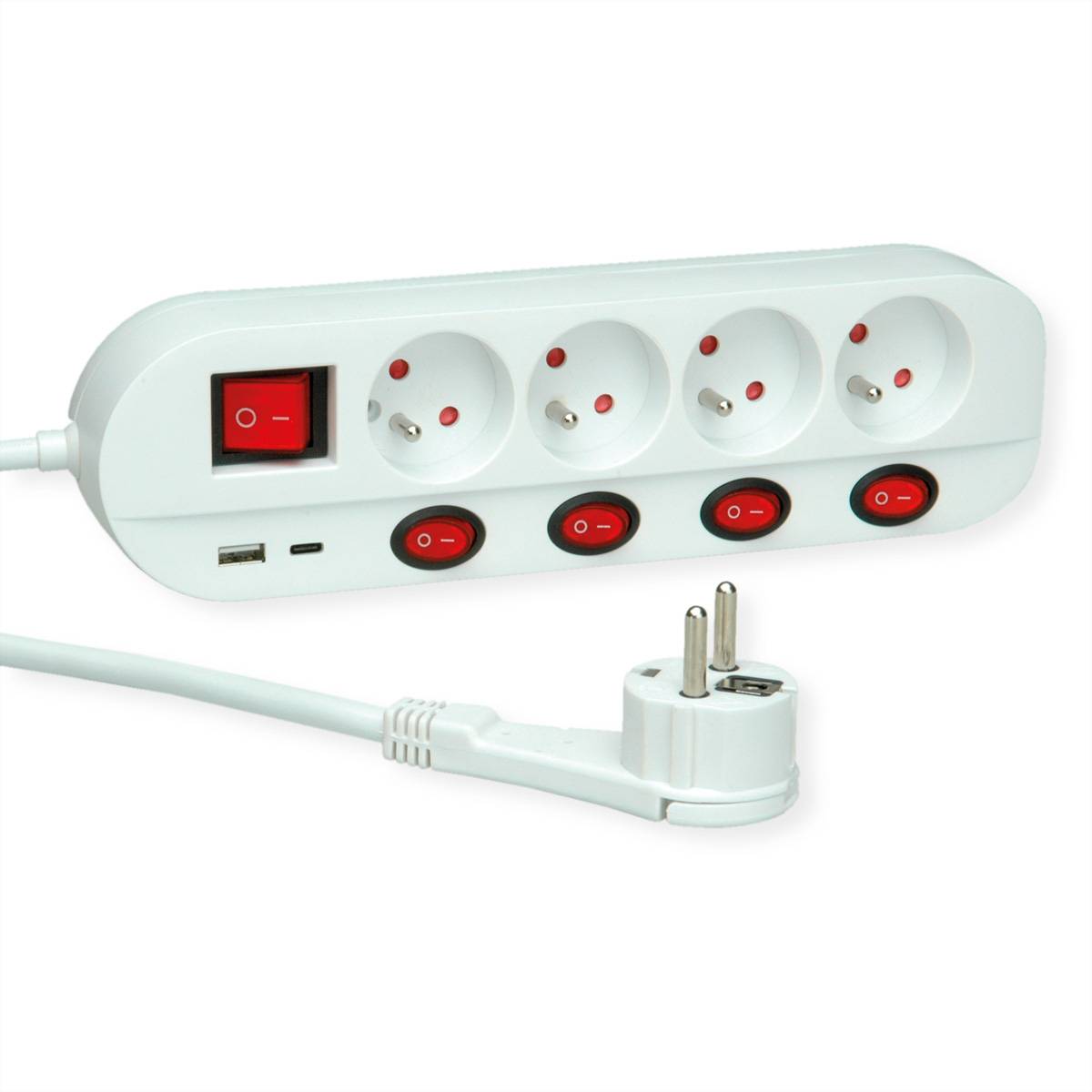 Roline 19.07.2346 Stopcontact Met stekkerdoos met 4 stopcontacten, Met schakelaar, Met USB-C, Aanraakbeveiliging, Apart schakelbaar Wit