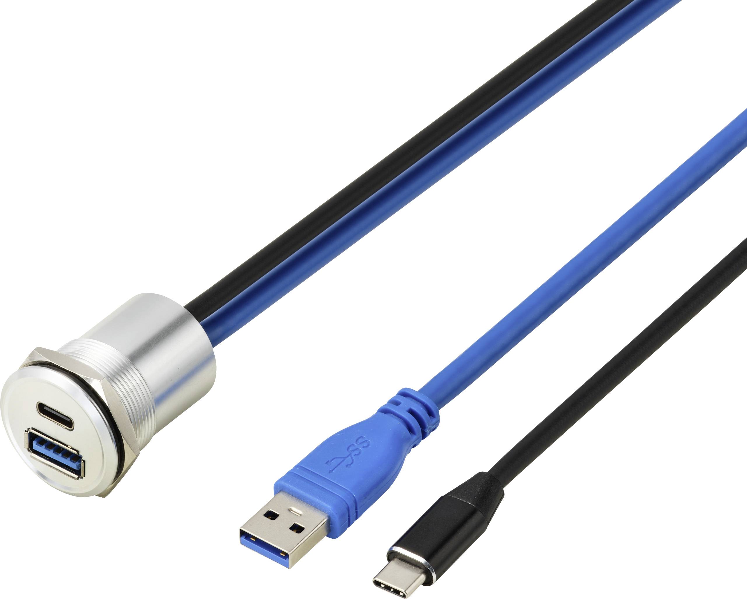TRU COMPONENTS TC-14378456  USB 3.1 type-C & USB 3.0 type-A inbouwbus, bus/stekker, 25 mm, 95 cm kabel, zilver 1 stuk(s)