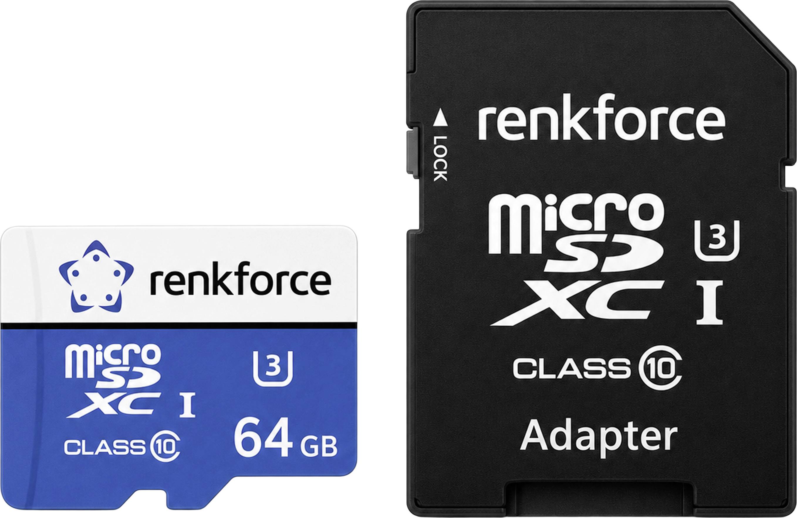 Renkforce RFmSD64 microSDXC-kaart 64 GB A1 Application Performance Class, v30 Video Speed Class Incl. SD-adapter, A1-vermogensstandaard