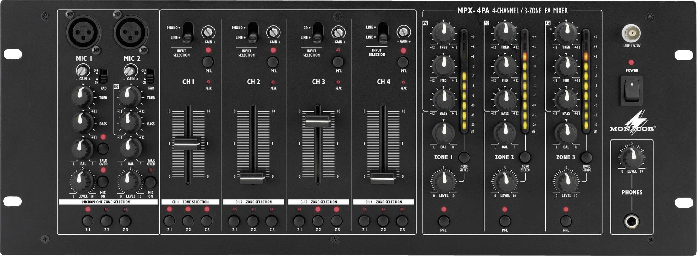 Monacor MPX-4PA DJ-mixer 19 inch inbouw