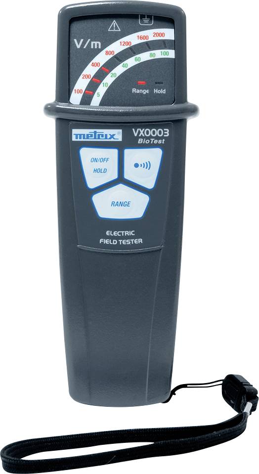 Elektrické meracie zariadenie poľa s displejom zobrazuje hodnoty vo voltoch na meter. Tlačidlá pre zapnutie/vypnutie a rozsah. Nosná slučka dole.