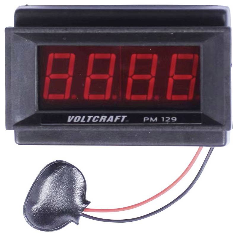 Digitálny voltmeter s červeným LED displejom, zobrazuje '8.8.8.', prepojený s čiernym teplotným senzorom. Model 'Voltcraft PM 129'.