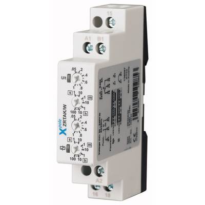 Elektronické časové relé s označením 'Xpole ZR7AK0W', ktoré má otočný regulátor vpredu, svorky hore a dole, a biely kryt.