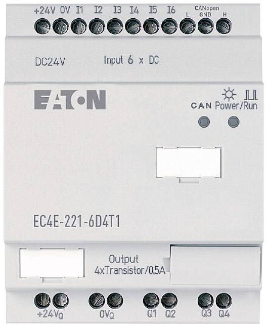 Sivé zariadenie s logom 'EATON' a nápisom 'EC4E-221-6D4T1' zobrazuje vstupy, výstupy a prípojky pre 24V jednosmerný prúd.
