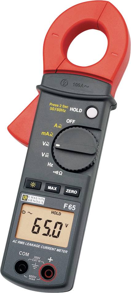 Kompaktný multimeter so svorkami a digitálnym displejom zobrazuje '65,0V'. Vhodný na meranie striedavého prúdu a napätia.
