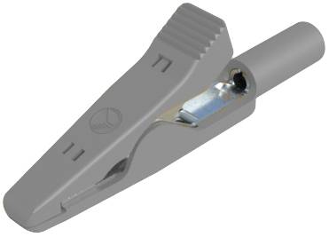 Sivá krokodílová svorka s vrúbkovaným hrotom a kovovým vnútorným povrchom, slúži na bezpečné spájanie elektrických káblov.
