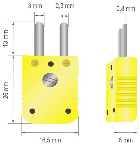 Žltý visiaci zámok s rozmermi: šírka 16,5 mm, výška 26 mm, hrúbka očka 2,3 mm a 13 mm; bočný pohľad ukazuje hĺbku 8 mm.