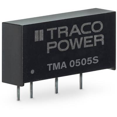 Logo 'TRACO POWER' na čiernej elektronickej súčiastke so štyrmi kolíkmi, viditeľné modelové označenie 'TMA 0505S'.