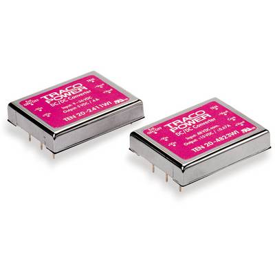 Dva Traco Power DC/DC meniče so červeným štítkom a technickými špecifikáciami. Vhodné pre konverziu napätia v elektronických zariadeniach.