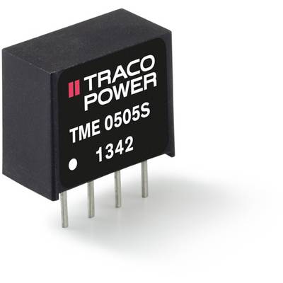 Čierny menič napätia Traco Power TME 0505S so štyrmi kovovými kolíkmi, model č. 1342, zobrazený na bielom pozadí.