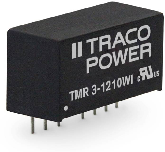 Elektronická súčiastka s nápisom 'TRACO POWER TMR 3-1210WI', niekoľko kolíkov na spodnej strane určených na montáž na dosky plošných spojov.