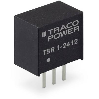 Menič napätia 'TSR 1-2412' od spoločnosti Traco Power s tromi kovovými kolíkmi, v čiernom puzdre, určený na prevod elektrických prúdov.