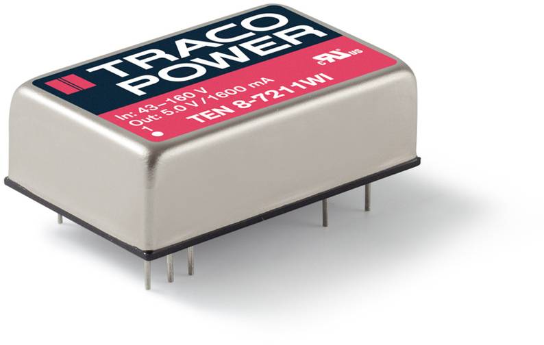 Obdĺžnikový modul s nápisom 'TRACO POWER'. Technické údaje: Vstup 43-160 V, výstup 5 V/1800 mA. Piny viditeľné dole.