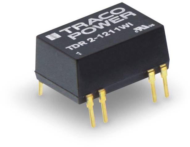 Traco Power TDR 2-1211WI – Miniaturný DC/DC menič so šiestimi kontaktmi, označený na hornej strane. Aplikácia pre spínacie elektronické obvody.