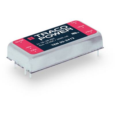 Strieborná elektronická súčiastka s nápisom 'Traco Power', špecifikácie na jej hornej strane zobrazujú vstupné a výstupné hodnoty.