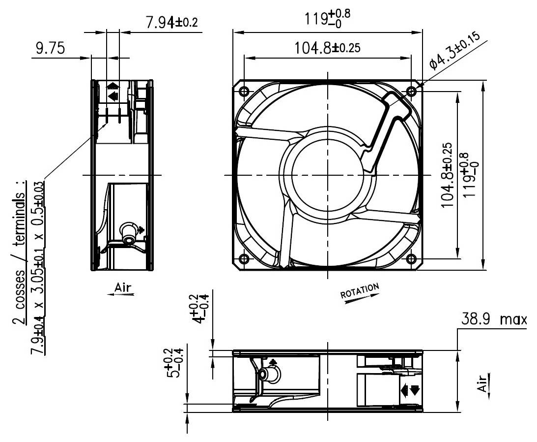 Technický výkres ventilátora s rozmermi: 119x119x38,9 mm. Zobrazuje pohľad zboku a pohľad spredu s označením smeru toku vzduchu, smerom otáčania a umiestnením svoriek.