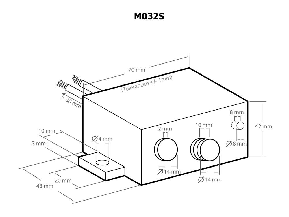 Technický výkres obdĺžnikového zariadenia (Model M032S) s rozmermi, káblami a detailmi pripojenia vrátane údajov o priemere a dĺžke.
