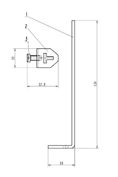 Technický výkres držiaka s rozmermi. Bočný pohľad zobrazuje výšku 134 mm a základňu 28 mm. Detail zobrazuje rozhranie.