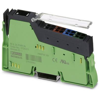 Zelený elektronický modul s čiernou hornou časťou a viditelnými konektormi. Označený nápisom 'INTERBUS' a rôznymi údajmi.