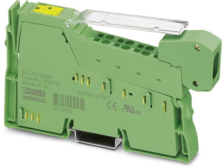 Zelený elektrický modul so zásuvnými konektormi. Označený nápisom 'INTERBUS' a technickými detailmi. Používaný v priemyselných automatizačných systémoch.