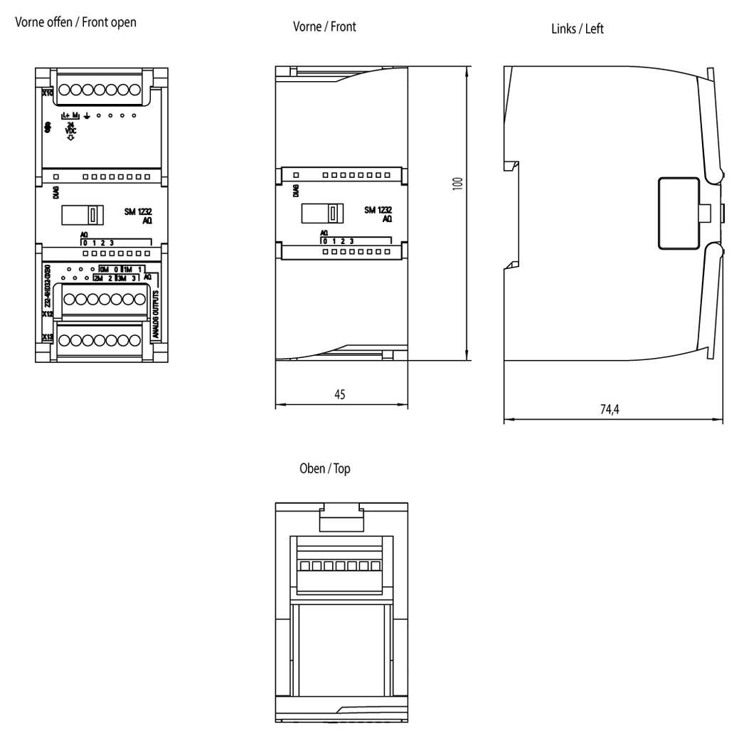 Schéma elektronického zariadenia s rozmermi označenými v milimetroch: predný otvorený pohľad, predný pohľad, pohľad z ľavej strany, pohľad zhora.