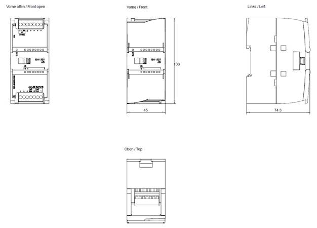'Technické čiarové kresby zariadenia zo štyroch uhlov: predný pohľad otvorený, predný pohľad zatvorený, ľavý pohľad a pohľad zhora. Rozmery sú označené ako 100, 63 a 74,3.'
