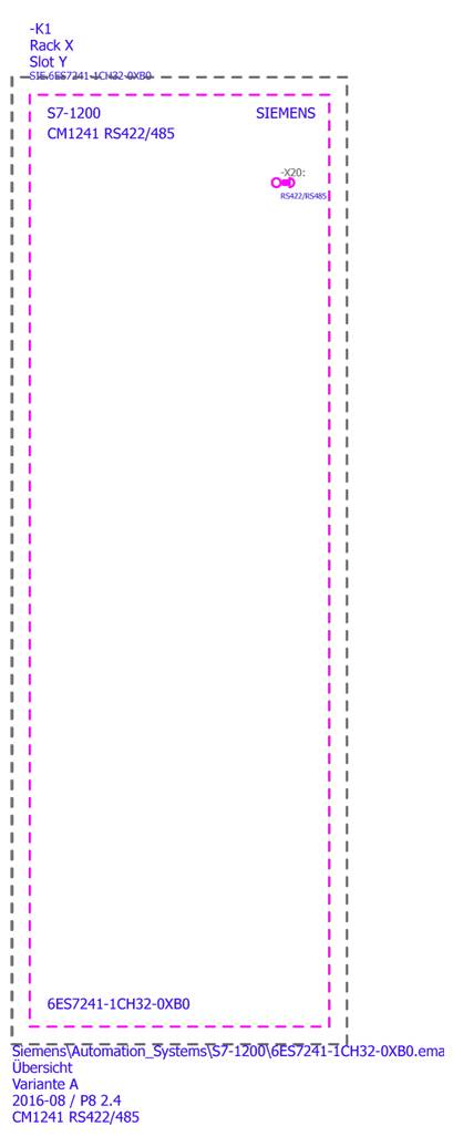 Diagram modulu Siemens CM1241 RS422/485 pre S7-1200, zobrazujúci rozloženie konektorov, umiestnenie a čísla dielov.