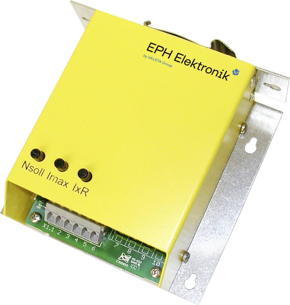 Žlté elektronické zariadenie s kovovým držiakom, s označením 'EPH Elektronik'. Viditeľné tri čierne otočné gombíky a zástrčkové pripojenie.