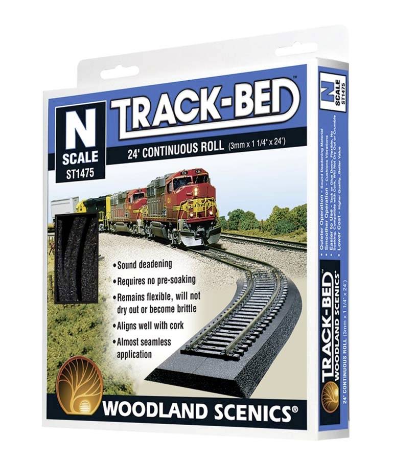 Balenie podložky Woodland Scenics Track-Bed pre železničné modely v mierke N. Obsahuje 24-stopovú rolku, pohlcuje zvuk a nevyžaduje namáčanie pred použitím.