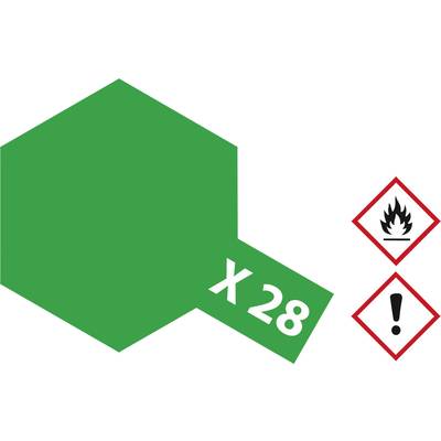 Zelený šesťuholníkový tvar s nápisom 'x 28' vľavo. Vpravo sú výstražné symboly: plameň, výkričník.