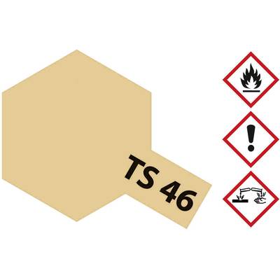 'Oranžový šesťuholník s 'TS 46'. Vedľa tri výstražné symboly: Plameň (horľavé), Výkričník (pozor), Žieravosť (leptavé).'