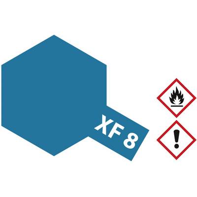 Modrý hexagon s nápisom 'XF 8'. Vedľa výstražné symboly: Plameň a výkričník.
