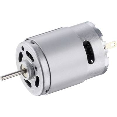 Malý elektromotor z kovu, valcovitého tvaru, s viditeľnou hnacou hriadeľou a vetracími otvormi po stranách.