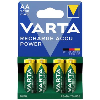 Balenie štyroch AA batérií VARTA Recharge Accu Power, kapacita 2600 mAh, NiMH, okamžite použiteľné, balené v modro-žltom obale.